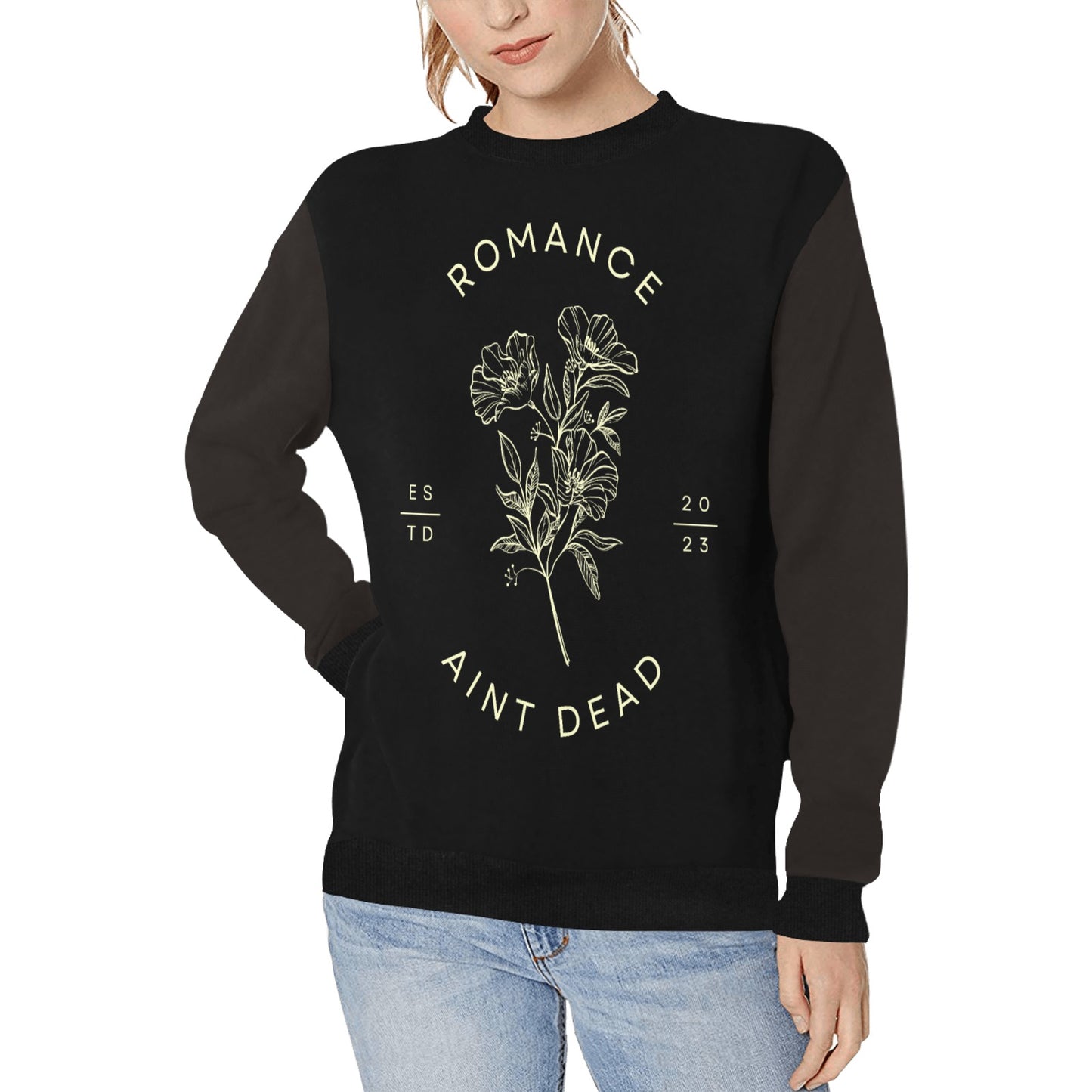 Romance Aint Dead Women's Rib Cuff Crew Neck Sweatshirt (H34)