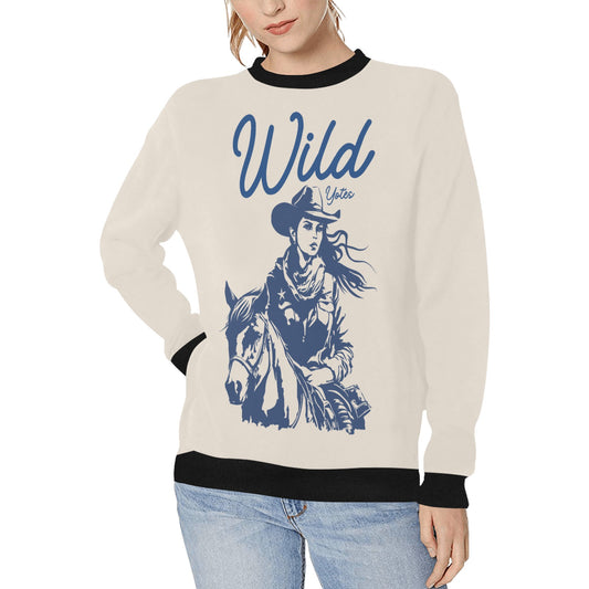 Wild Yotes Cowgirl Women's Rib Cuff Crew Neck Sweatshirt (H34)